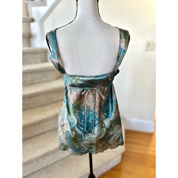 Vintage Y2K Self Esteem Teal Brown Satin Paisley Baby Doll Tank Top Regency - Picture 4 of 5